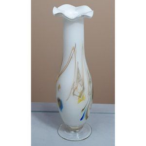 Vintage Dalian Snowflake Vase White cased glass w/Marbled colors Ruffled Top